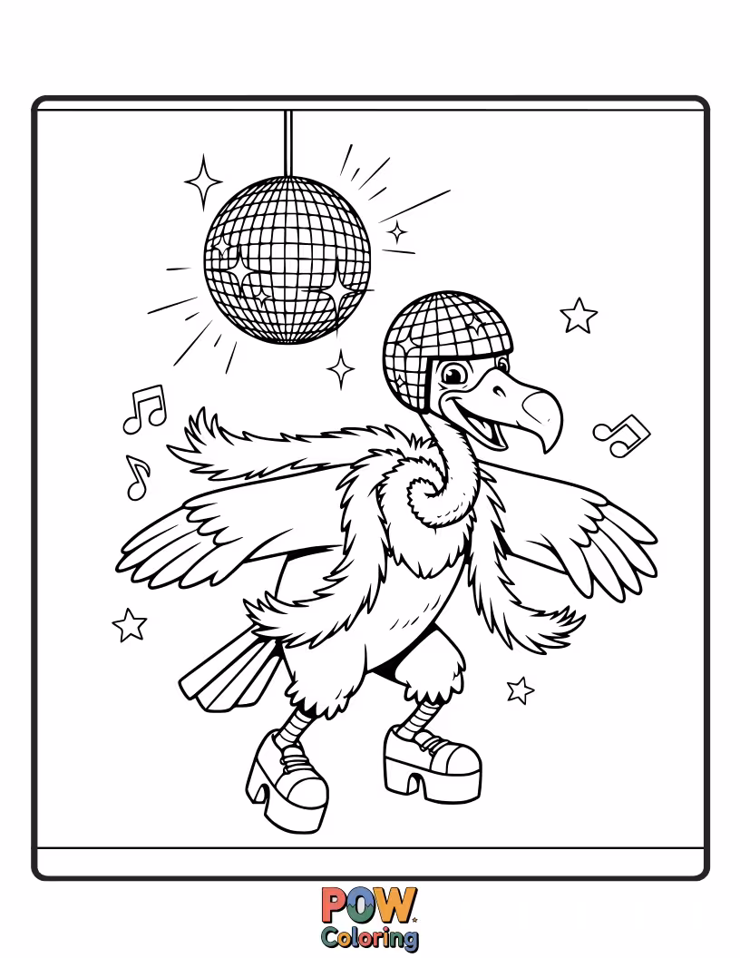Free coloring page of A fashionable vulture in groovy disco attire, striking a pose on a sparkling dance floor with a mirrorball.