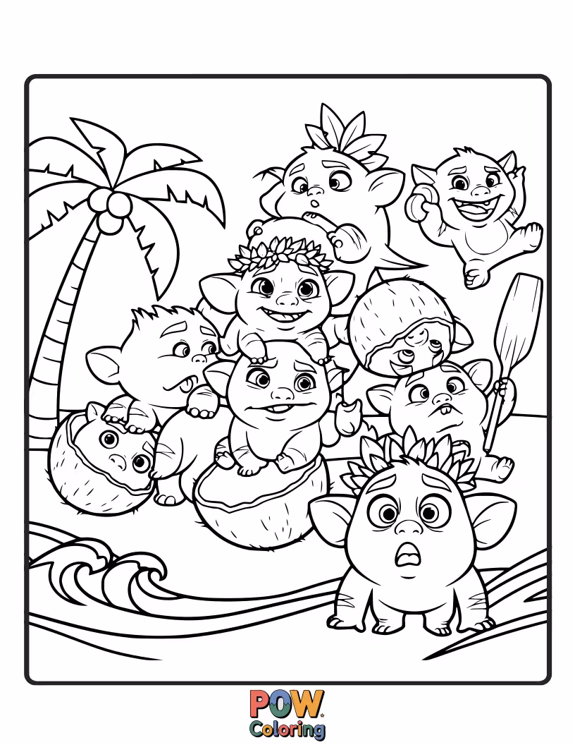 Free coloring page of A playful band of Kakamora warriors in their coconut armor, ready for coconut-throwing fun. Adorable and full of personality.