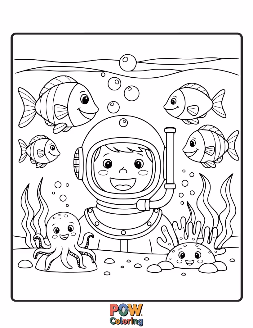 Free coloring page of A friendly diver giving a thumbs-up next to a smiling whale shark. A joyful encounter between two worlds.