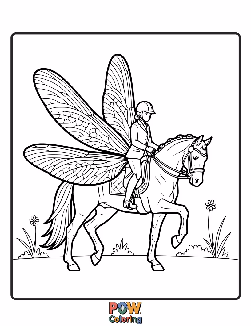Free coloring page of A majestic horse with shimmering dragonfly wings, performing an elegant dressage move.