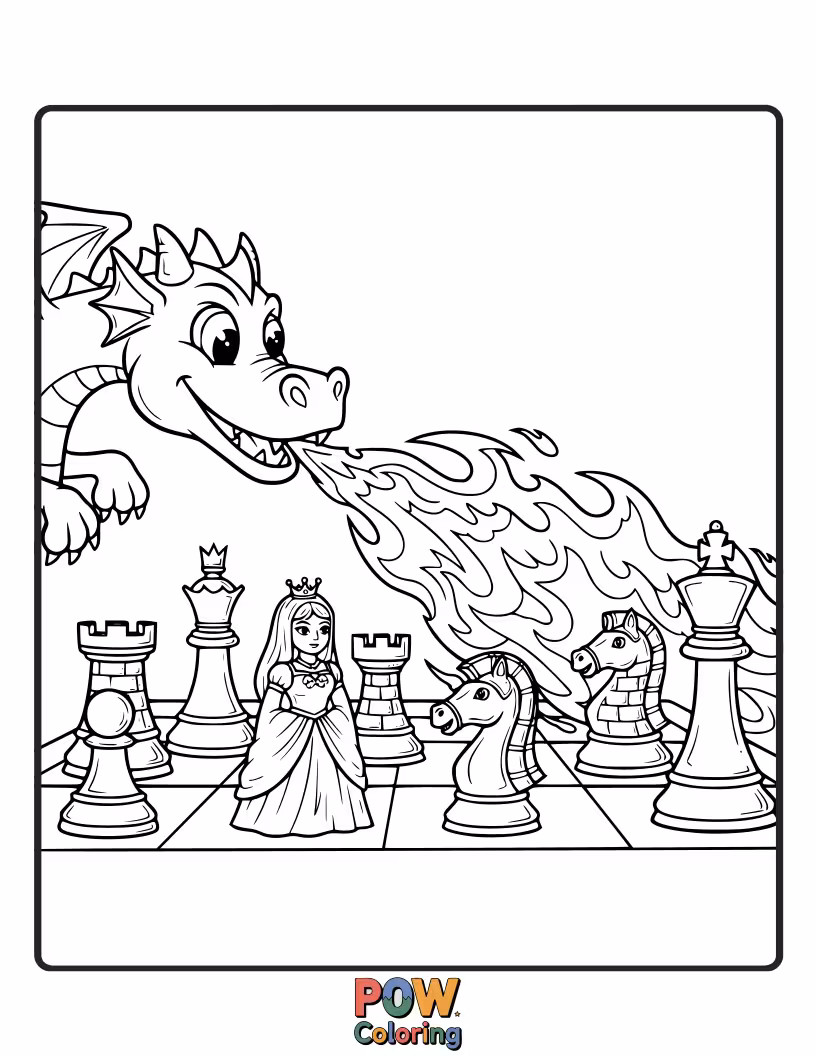 Free coloring page of A friendly, cartoonish dragon breathing gentle puffs of smoke as it captures an opponent's piece with a smile.