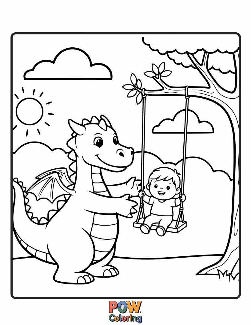 Free coloring page of A friendly baby dragon, wings spread, enjoys a gentle swing tied to a giant mushroom in a whimsical land.