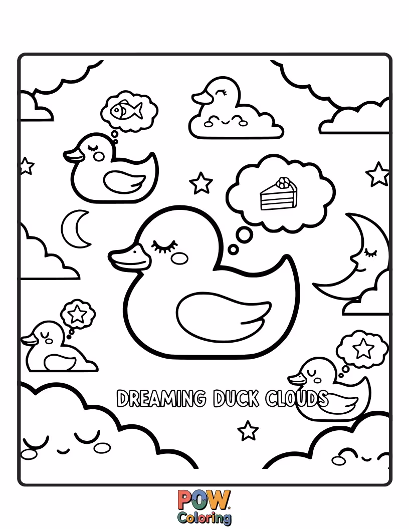 Free coloring page of A serene duck floating peacefully amongst fluffy clouds, lost in a whimsical daydream.