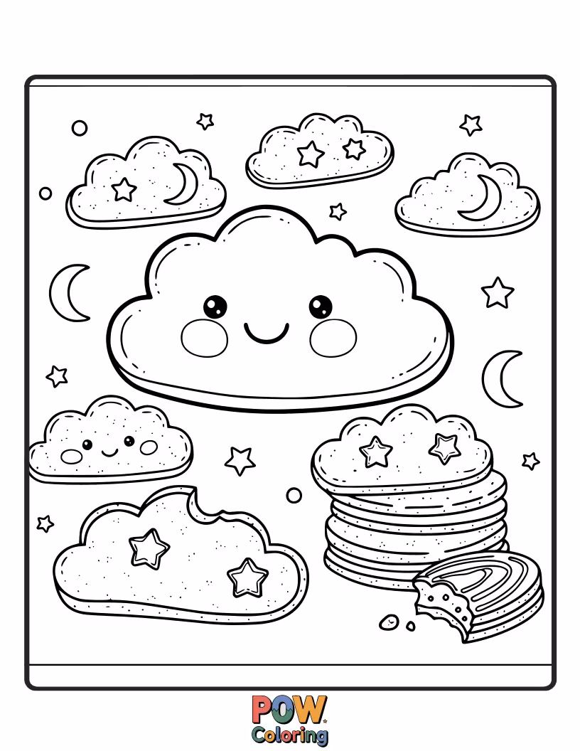 Free coloring page of Soft, fluffy cookies shaped like clouds with gentle raindrops and sunshine. Drift into a world of sweet color.