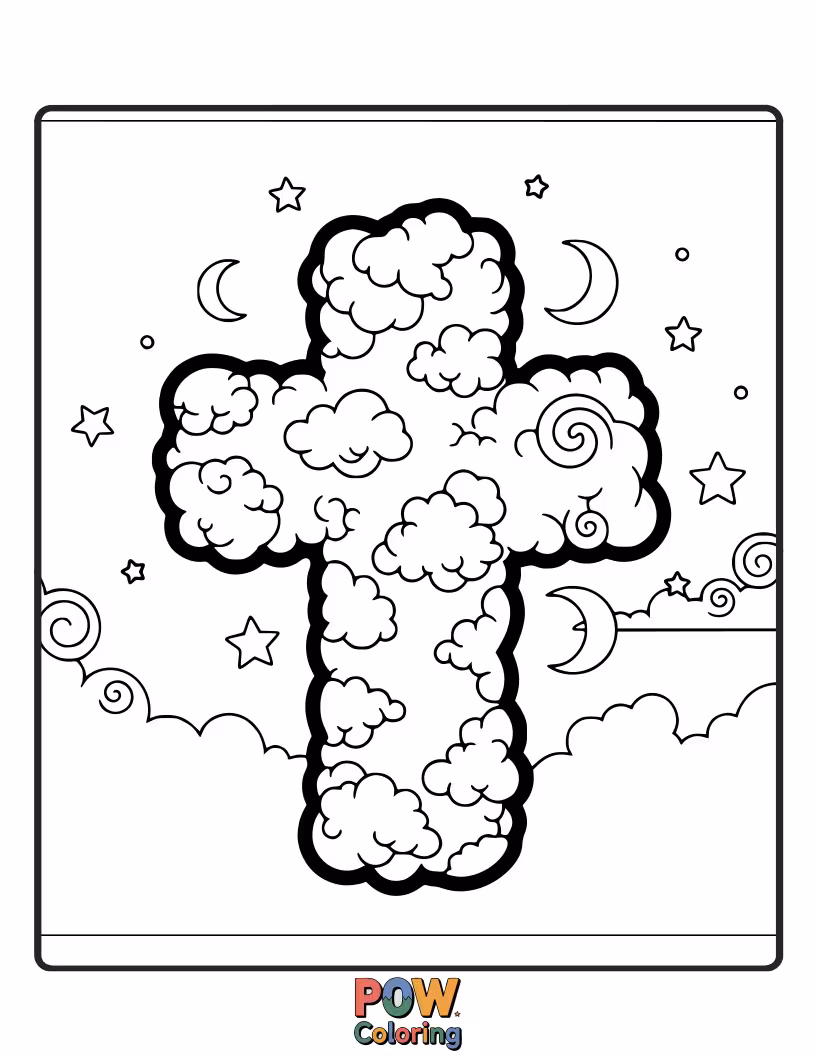 Free coloring page of A soft and ethereal cross designed with fluffy clouds, offering a peaceful and uplifting coloring escape.