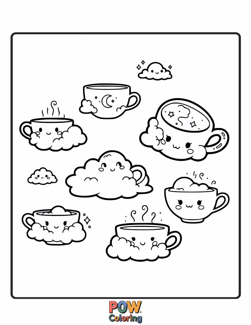 Free coloring page of Fluffy clouds shaped like cups drift across a pastel sky, offering a serene and whimsical escape.