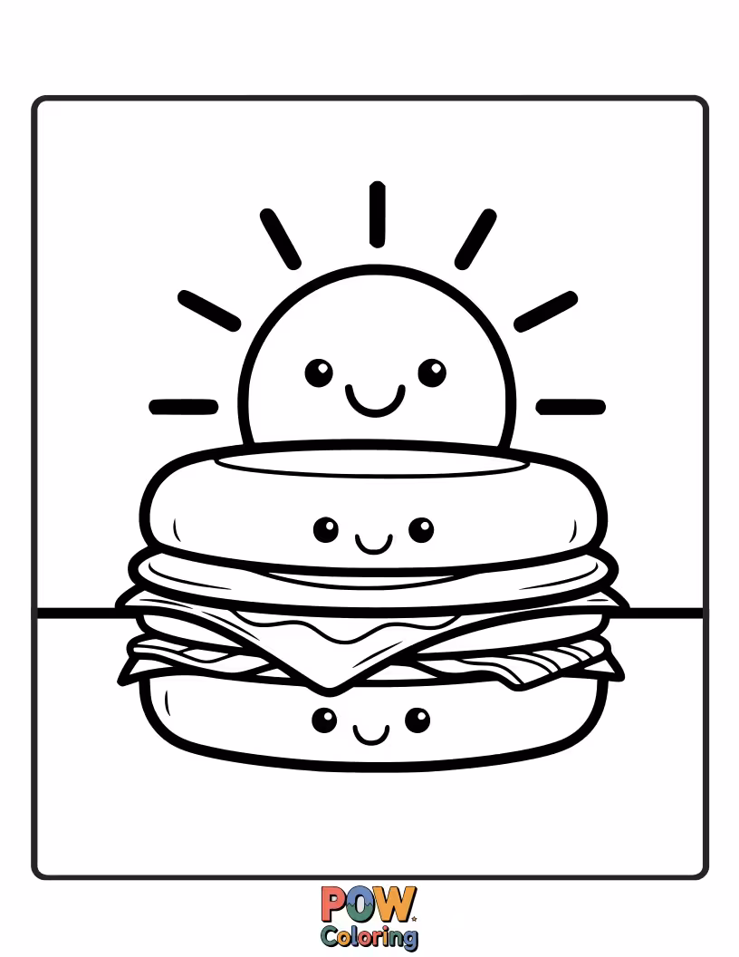 Free coloring page of An Egg McMuffin with a smiling face rising like the sun.