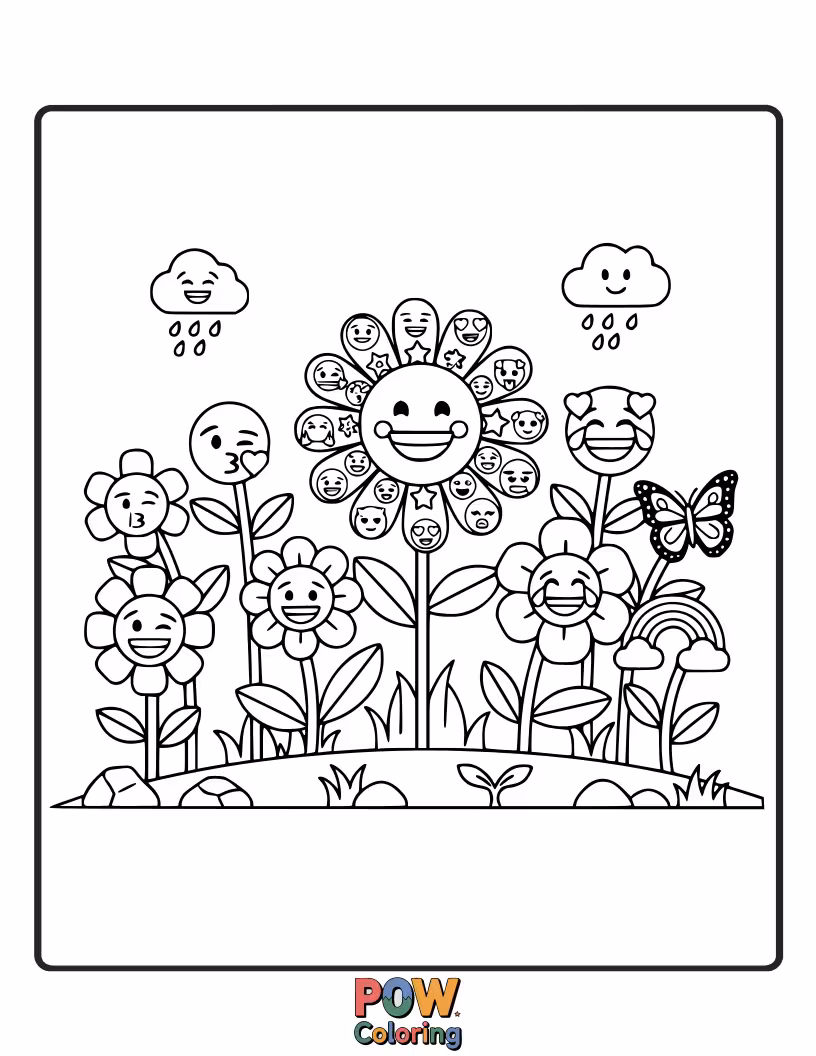 Free coloring page of A joyful emoji surrounded by a vibrant garden filled with various blooming flowers and buzzing butterflies.