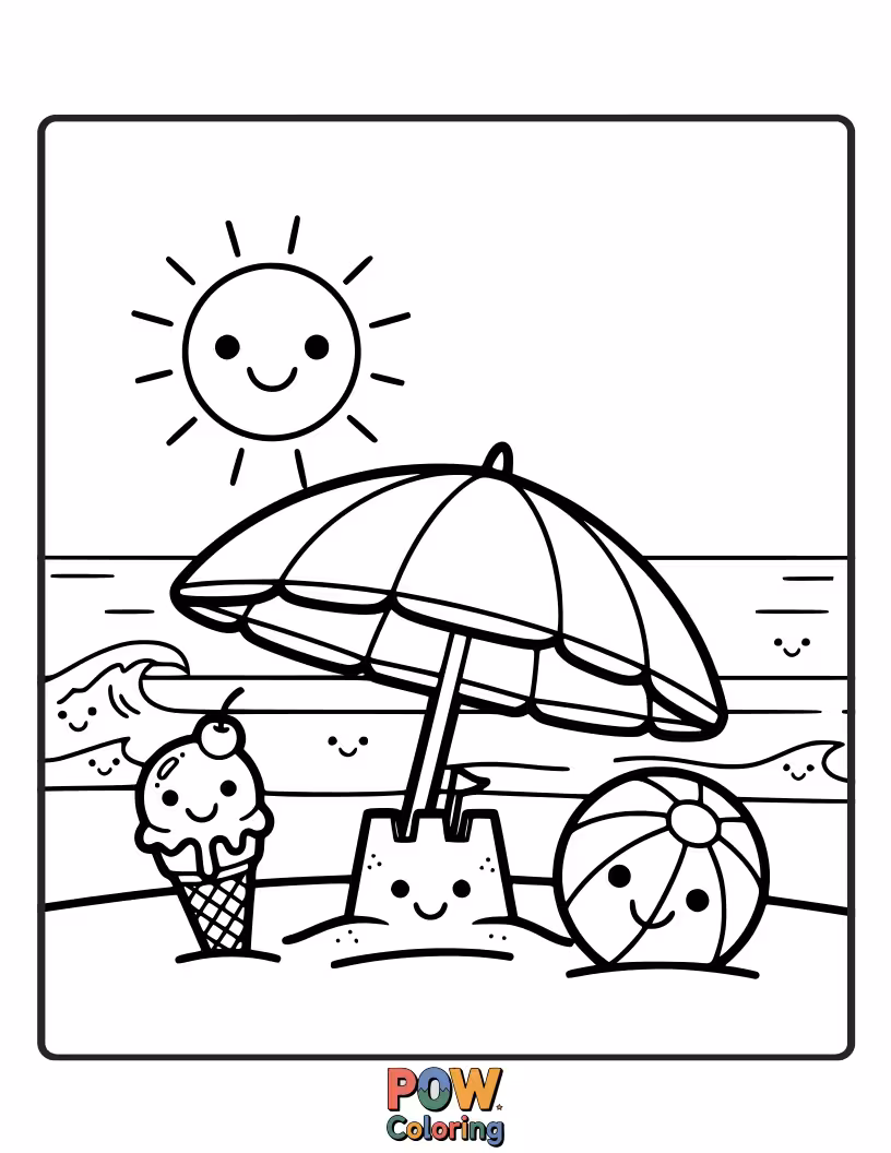 Free coloring page of A relaxed emoji lounging on a beach towel with sunglasses, under a bright sun and beside a gentle wave.