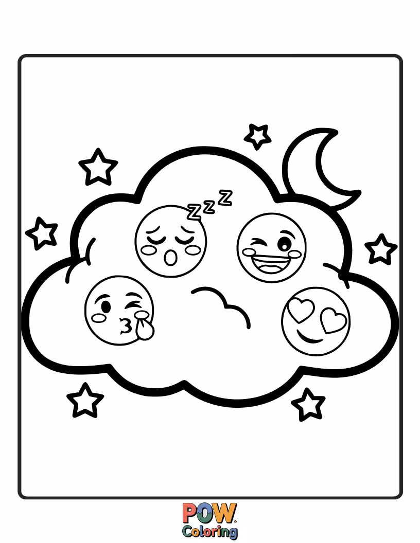 Free coloring page of A sleepy emoji nestled on a fluffy cloud, surrounded by stars and crescent moons, drifting into dreamland.
