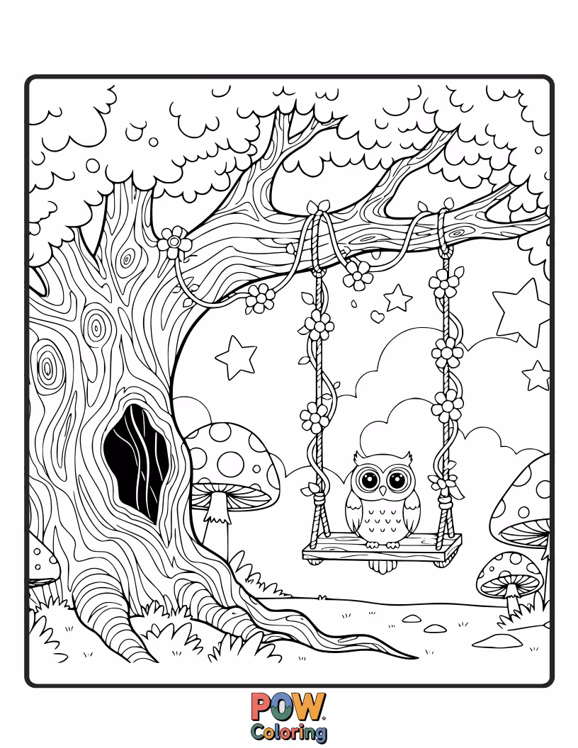 Free coloring page of A little fairy with iridescent wings dangles from a vine swing, surrounded by glowing mushrooms and ancient trees.