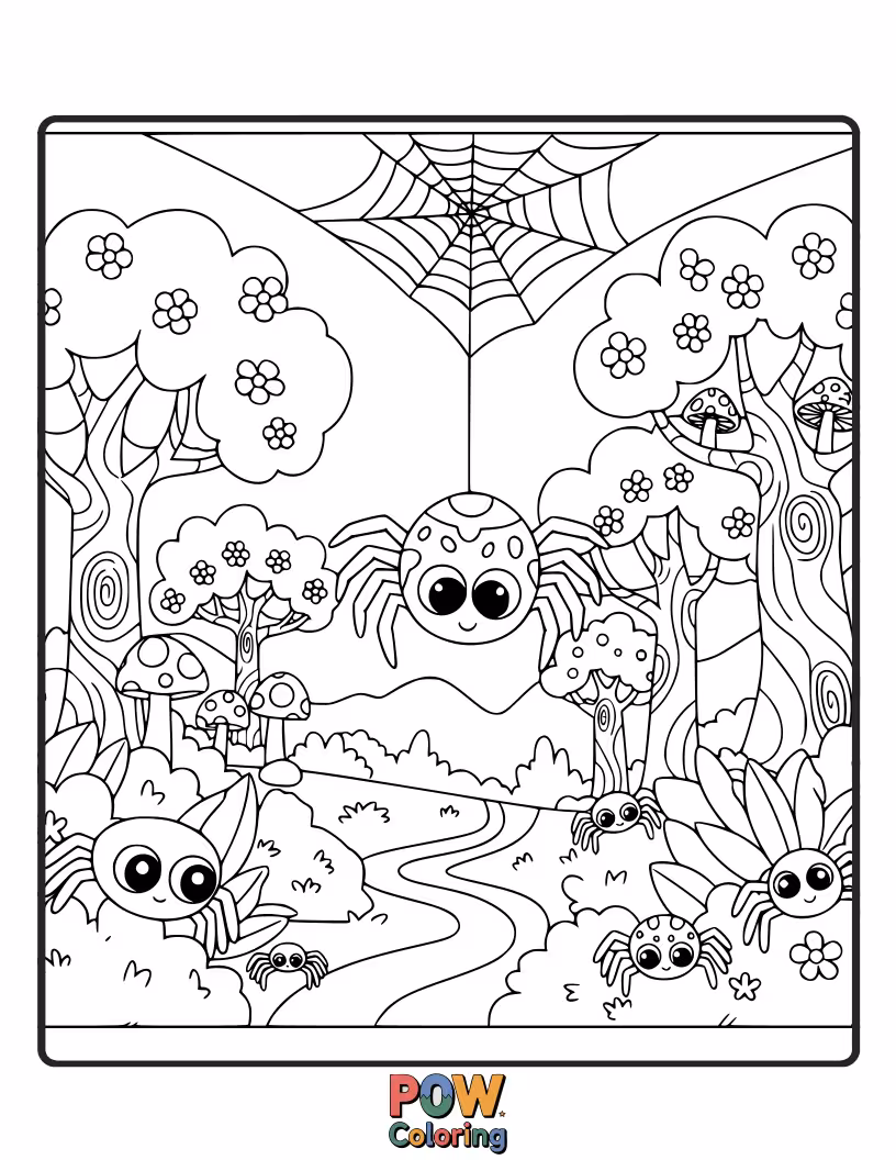 Free coloring page of An enchanted spider resting among luminous mushrooms and fantastical plants. Invites magical and richly detailed coloring.