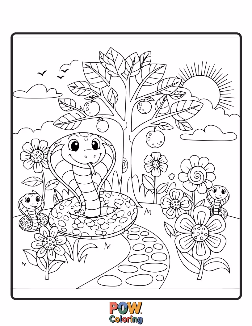 Free coloring page of A beautiful cobra snake intertwined with glowing fireflies and delicate moonflowers in a magical garden.