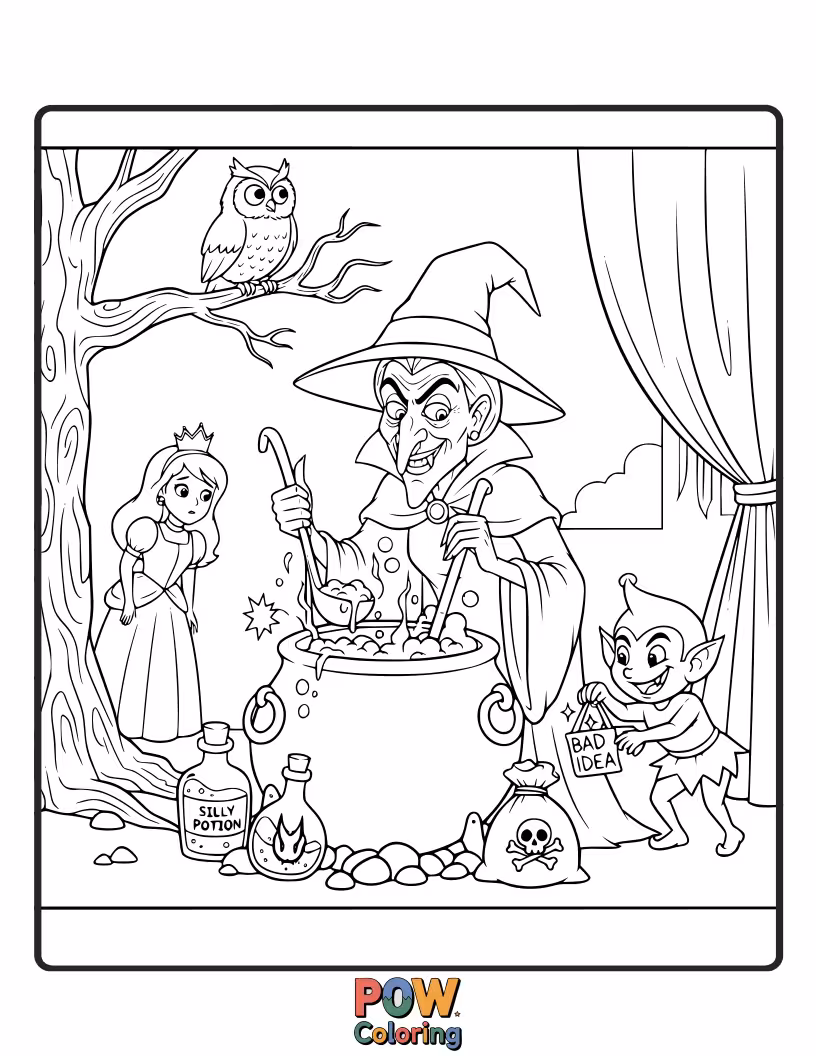 Free coloring page of The Stepmother plotting her wicked plans, with a sly smirk and conniving eyes.