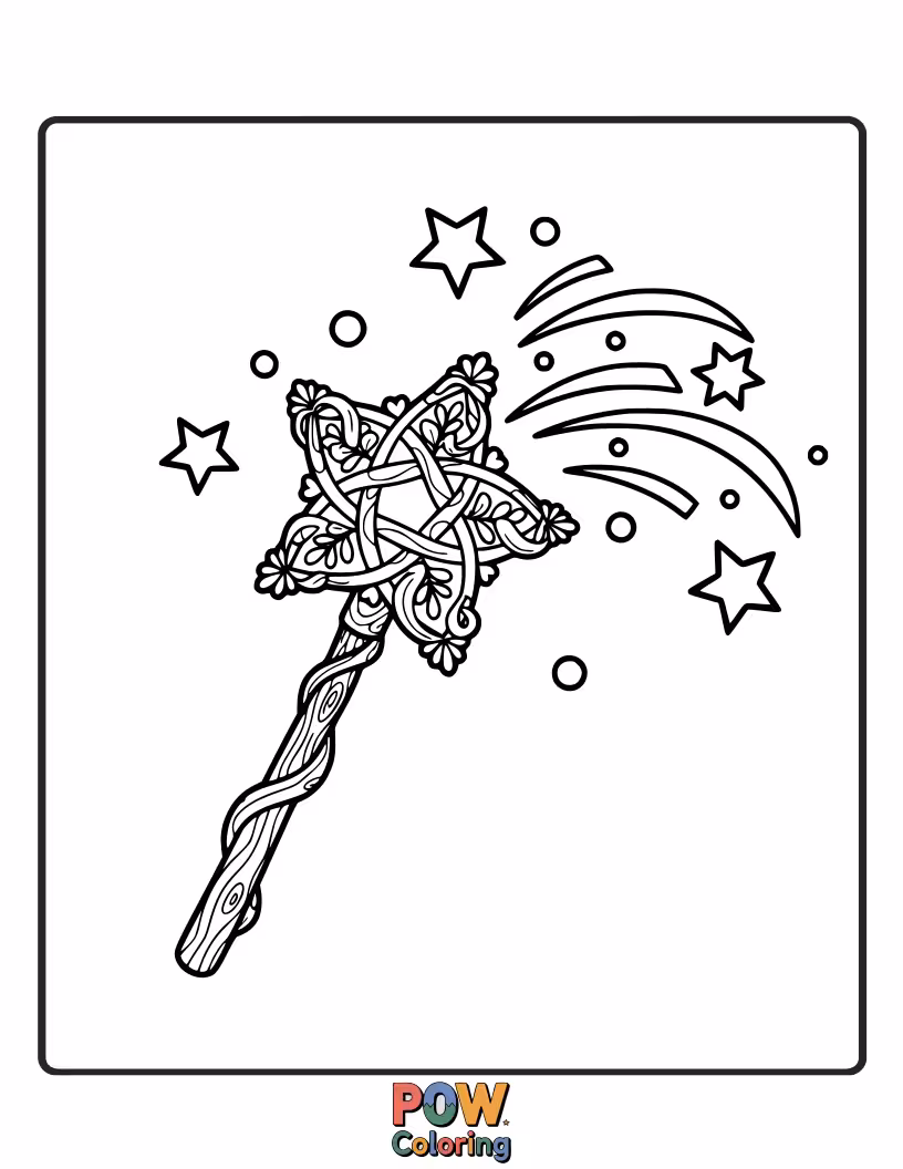 Free coloring page of A cheerful Fairy Godmother waving her sparkly wand, creating magical transformations with swirling patterns.
