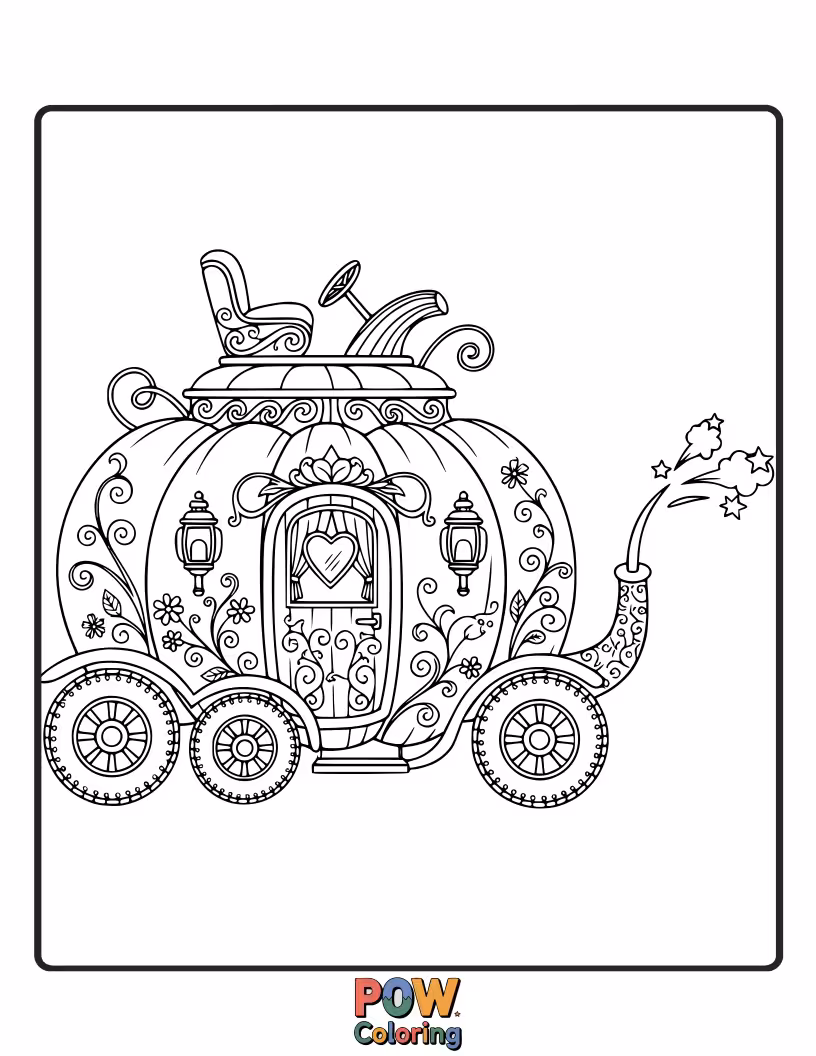 Free coloring page of A car designed to look like a magical fairy tale carriage, complete with decorative scrolls and wheels.