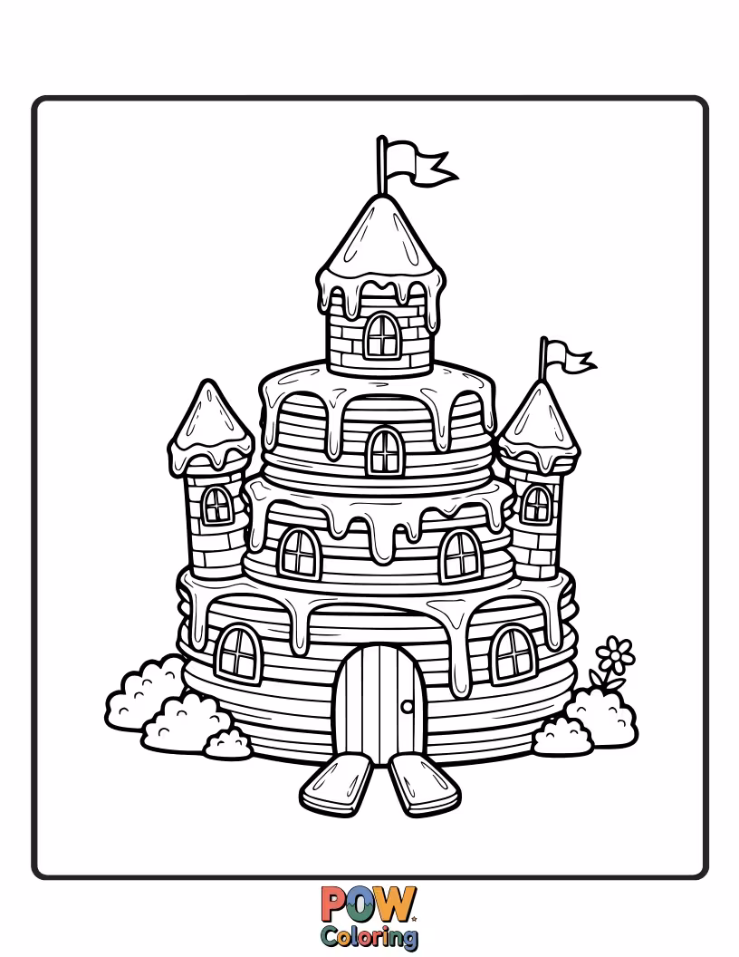 Free coloring page of A magnificent castle constructed entirely from fluffy pancakes, complete with syrup moats and whipped cream towers.