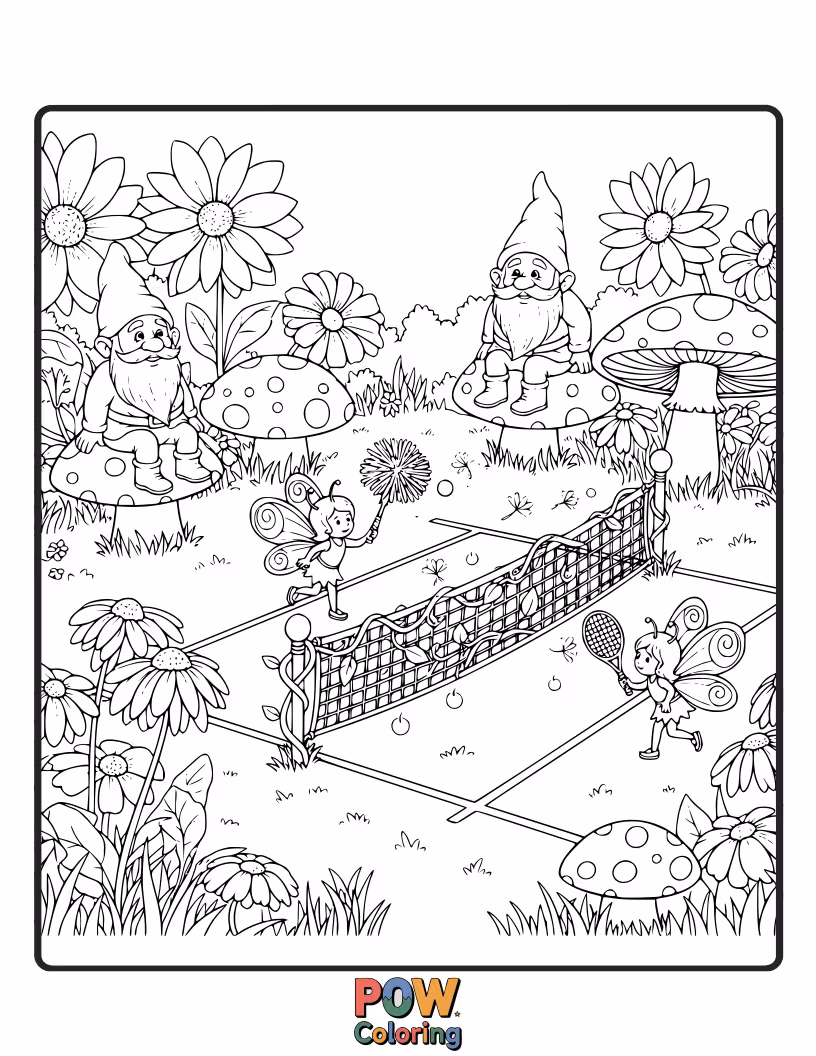 Free coloring page of Tiny fairies playing tennis with dewdrops as balls and flower petals as rackets in a magical garden.