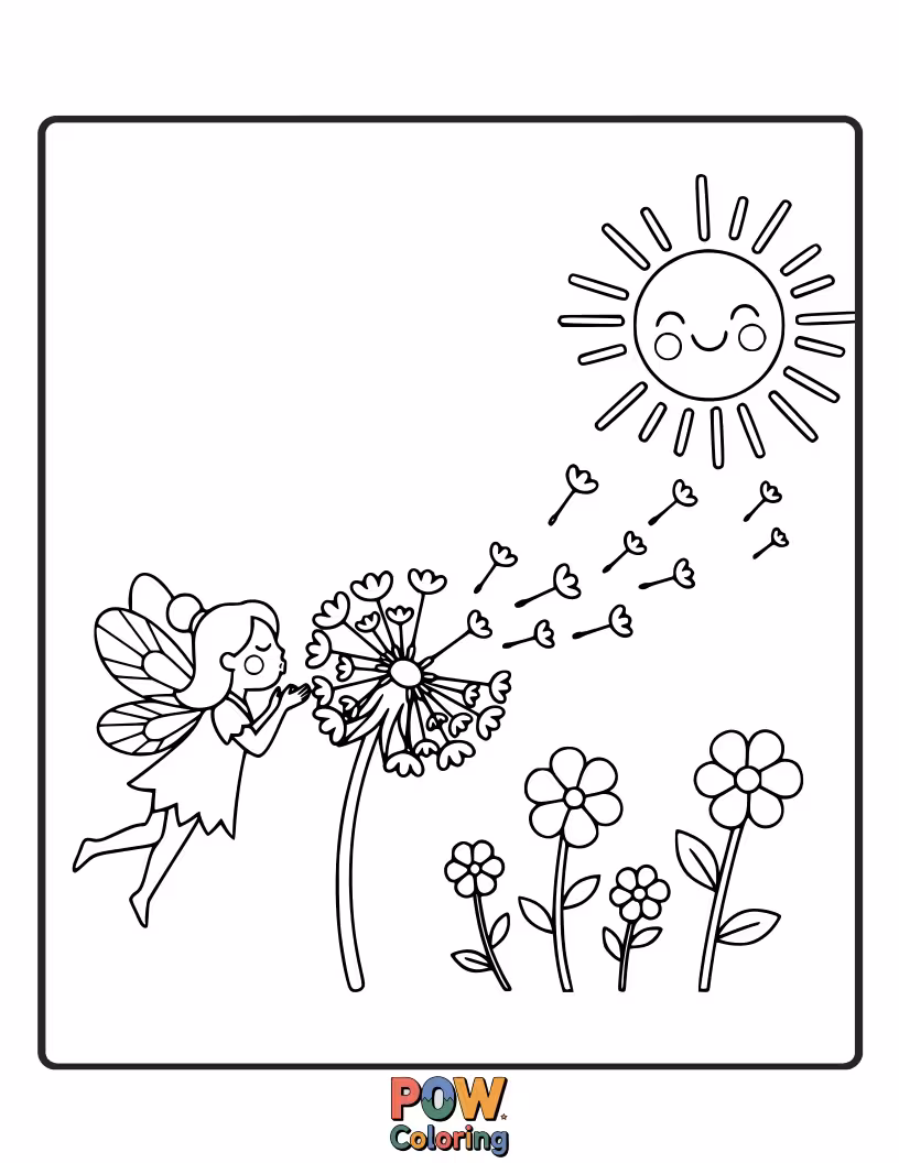 Free coloring page of A delicate fairy sprinkling magic dust to move a piece, surrounded by glowing flowers on a mossy board.