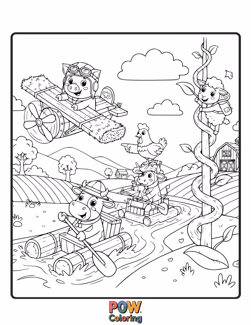 Free coloring page of A fluffy sheep, a cheerful pig, and a curious cow embark on a sun-drenched barnyard adventure, ready to be colored.
