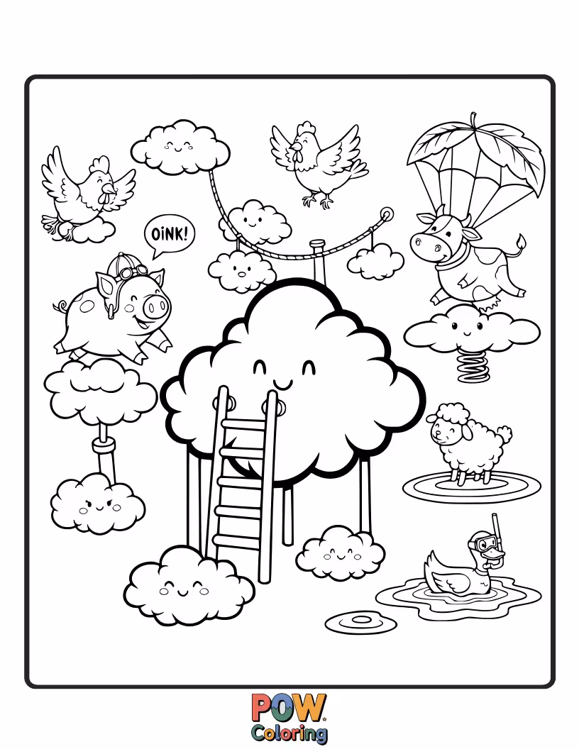 Free coloring page of A playful lamb jumps on fluffy clouds with a butterfly friend, an imaginative, colorful sky adventure.
