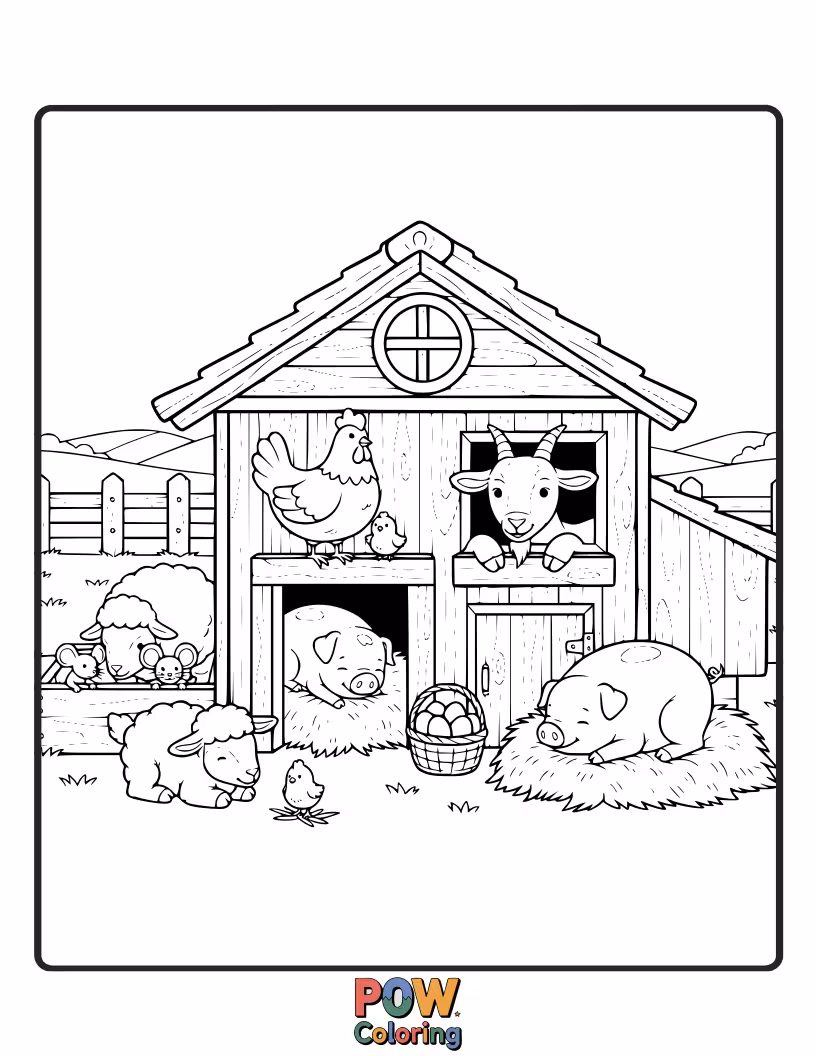 Free coloring page of A mother hen and her chicks huddle together in a warm, cozy coop, creating a heartwarming scene to color.