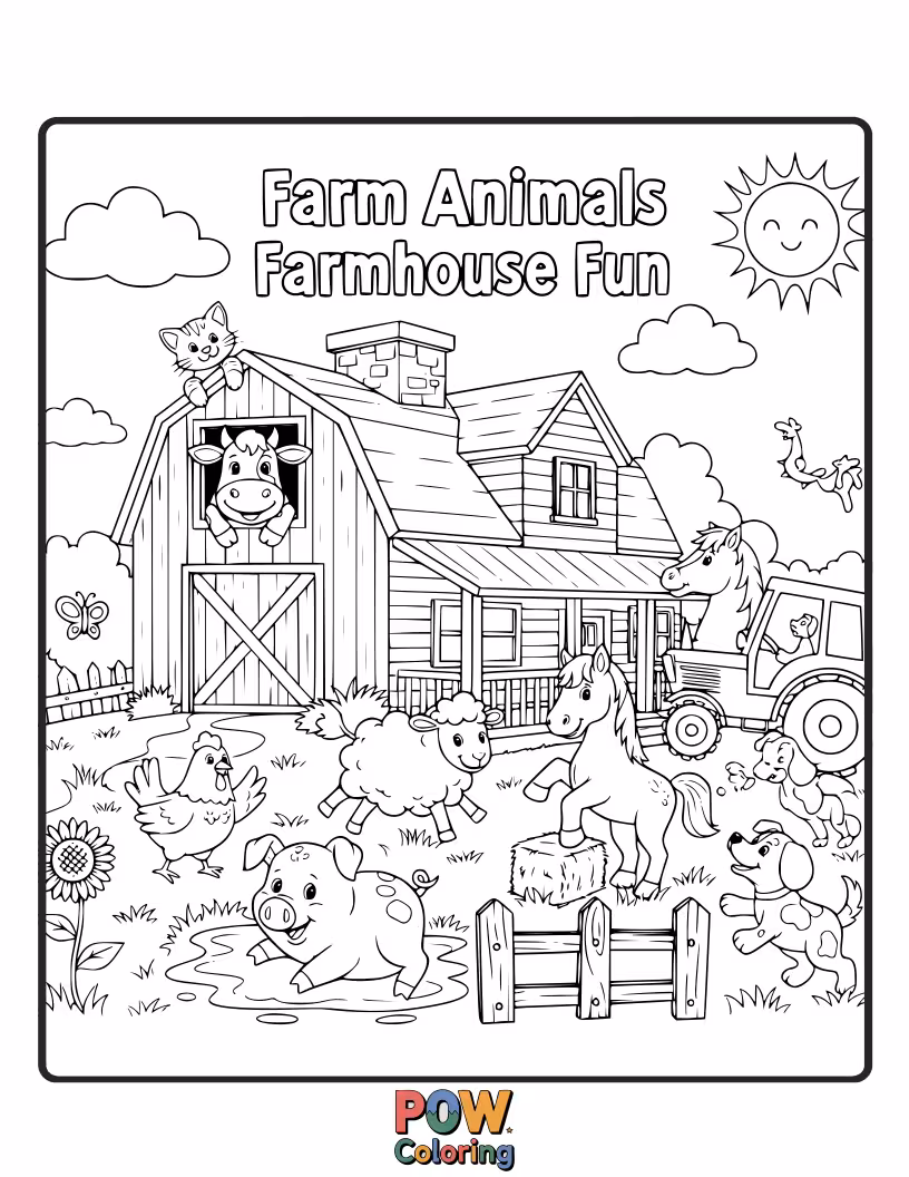 Free coloring page of A friendly scarecrow watches over a group of happy farm animals playing near a quaint, colorful farmhouse.