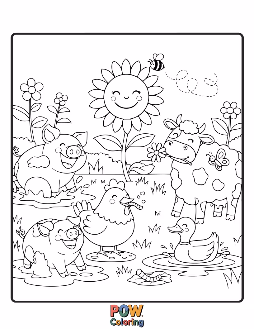 Free coloring page of A silly goose tells jokes to a laughing group of farm animals in a blooming garden, ready for colorful fun.