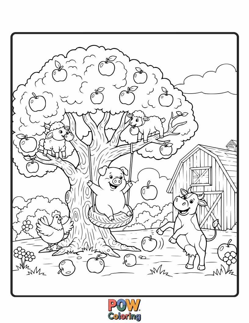 Free coloring page of A playful goat nibbles on fallen apples in a vibrant orchard, while butterflies flutter by, a sweet scene to color.