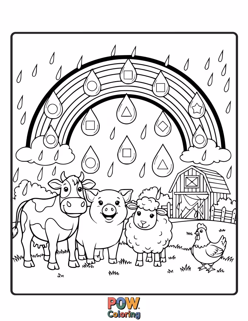Free coloring page of A happy farm animals poses in colorful raindrops, surrounded by smiling farm animals, a joyful, whimsical scene to color.