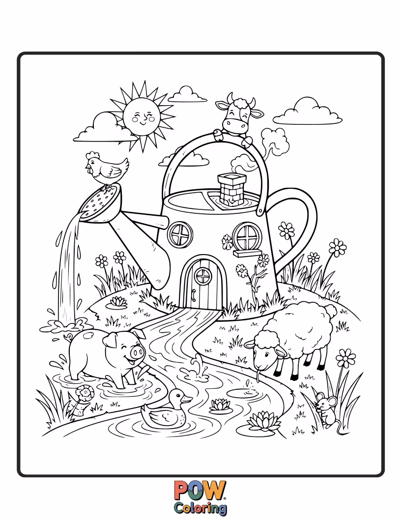 Free coloring page of A curious calf peeks out from behind a giant watering can, looking for color to brighten its day.