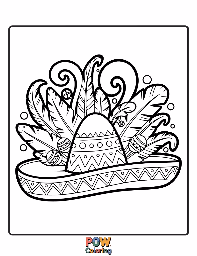 Free coloring page of A grand, ornate hat bursting with vibrant, oversized feathers in a riot of color. Ready for celebration!