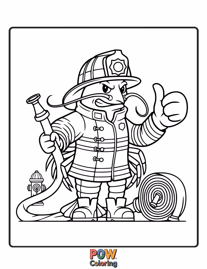 Free coloring page of A brave lobster in a firefighter's helmet, holding a hose, ready to put out any underwater blazes.