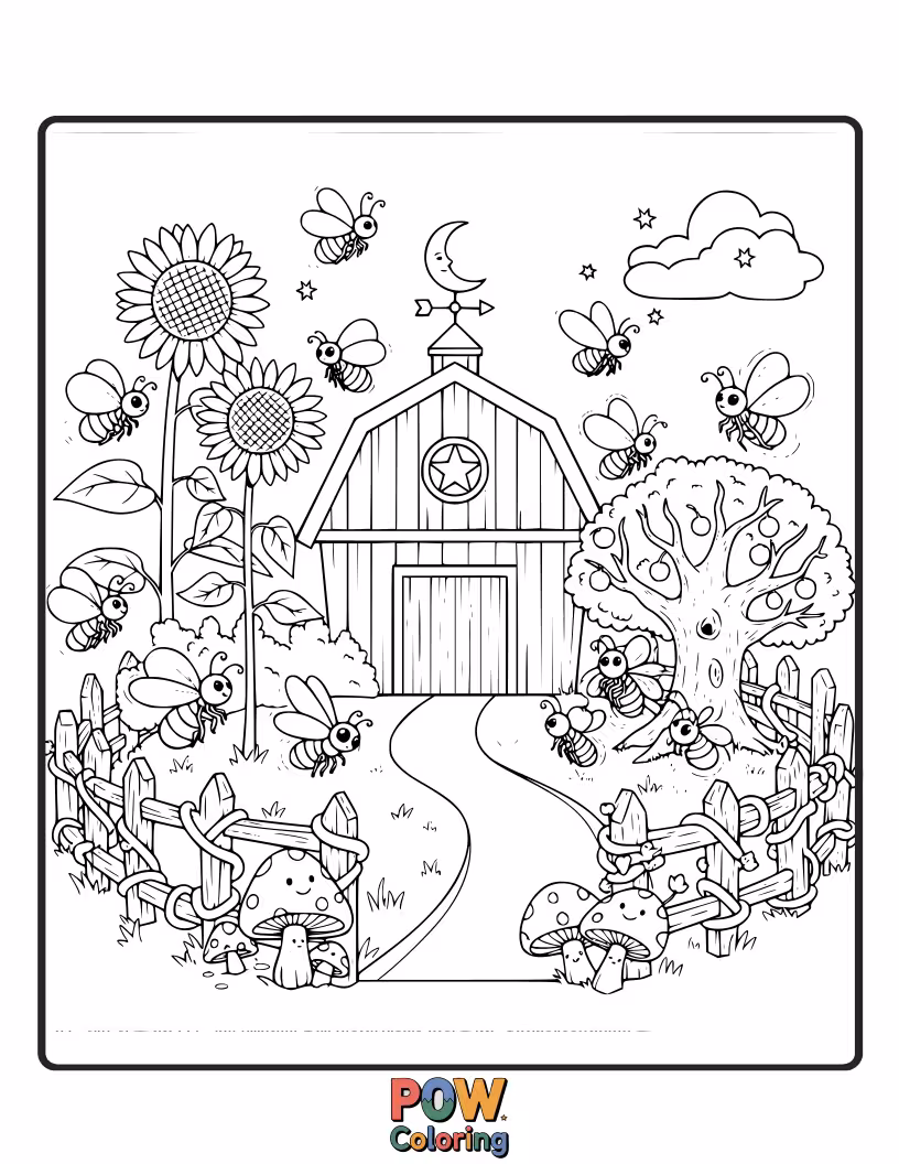 Free coloring page of A charming farm illuminated by the twinkling lights of countless fireflies at dusk.
