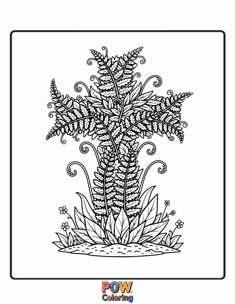 Free coloring page of A beautiful cross intricately designed with delicate fern frigs, bringing a touch of elegant greenery.