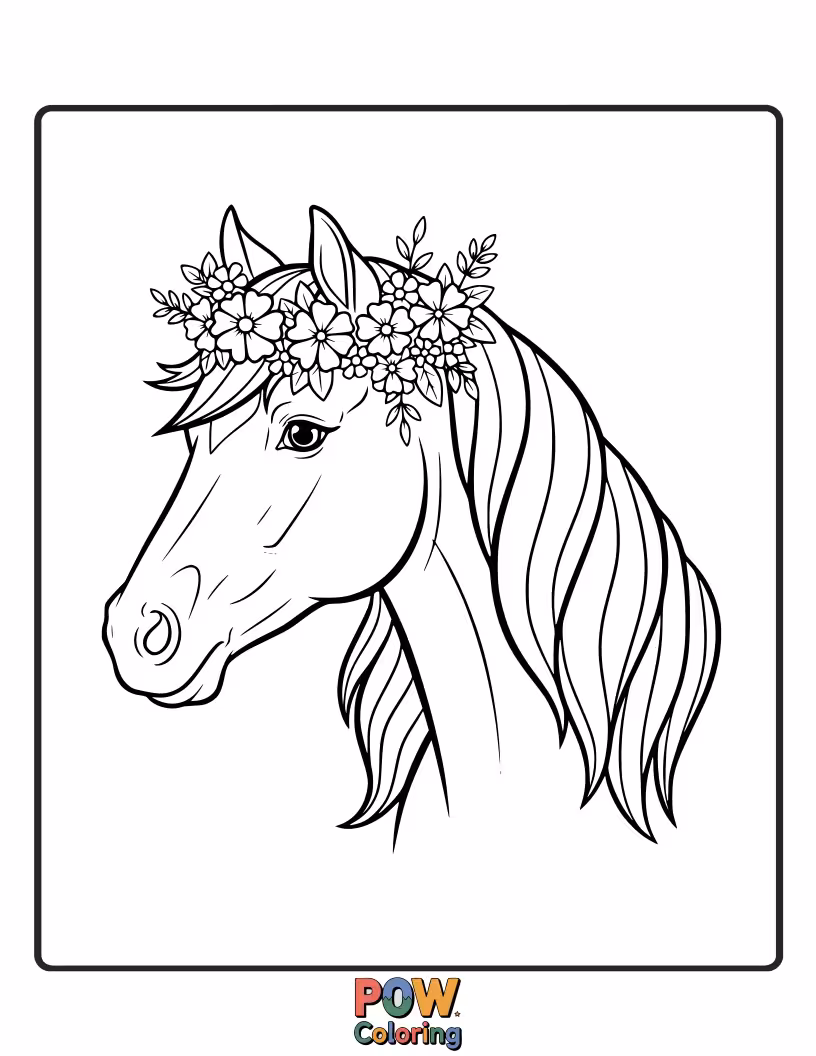 Free coloring page of A serene horse adorned with an elaborate crown of blooming flowers, standing in a lush meadow.