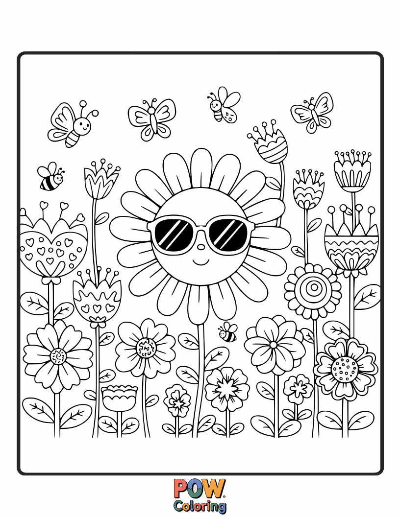 Free coloring page of Beautiful sunglasses blooming with delicate flowers and leaves, a delightful botanical escape.