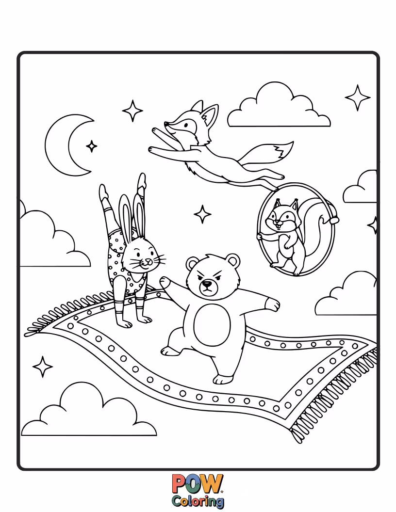 Free coloring page of A magical flying carpet with gymnasts performing aerial acrobatics and elegant poses while soaring through the clouds.
