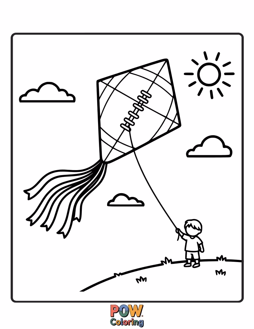 Free coloring page of A football designed as a colorful kite, soaring high in the sky with streamers. Lighthearted and breezy fun.
