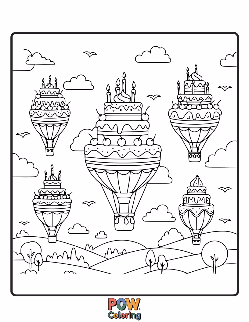 Free coloring page of Whimsical cakes shaped like hot air balloons, gently floating across a sky filled with fluffy clouds.