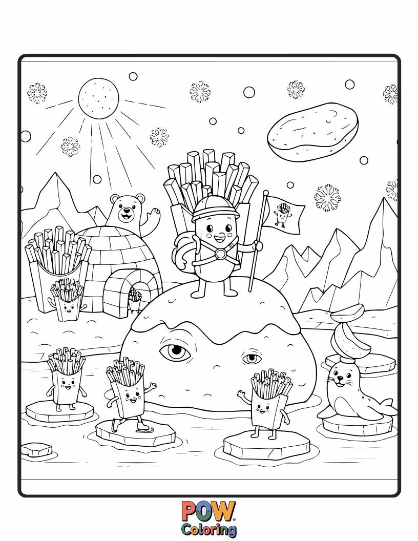 Free coloring page of Cool french fries wearing warm hats and scarves, exploring an icy wonderland with penguins. Brrr-illiant fun!