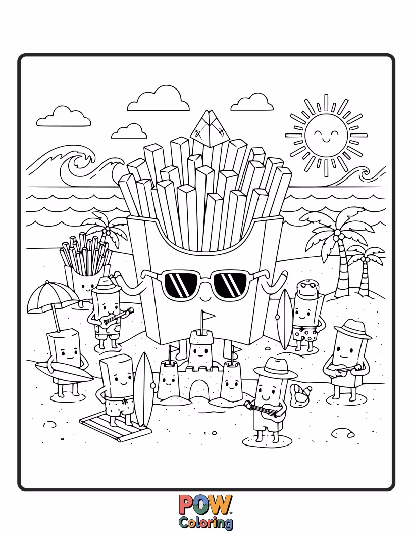 Free coloring page of Wavy french fries enjoying a sunny day at the beach, with tiny sunglasses and sandcastle. Get ready for some summer fun!