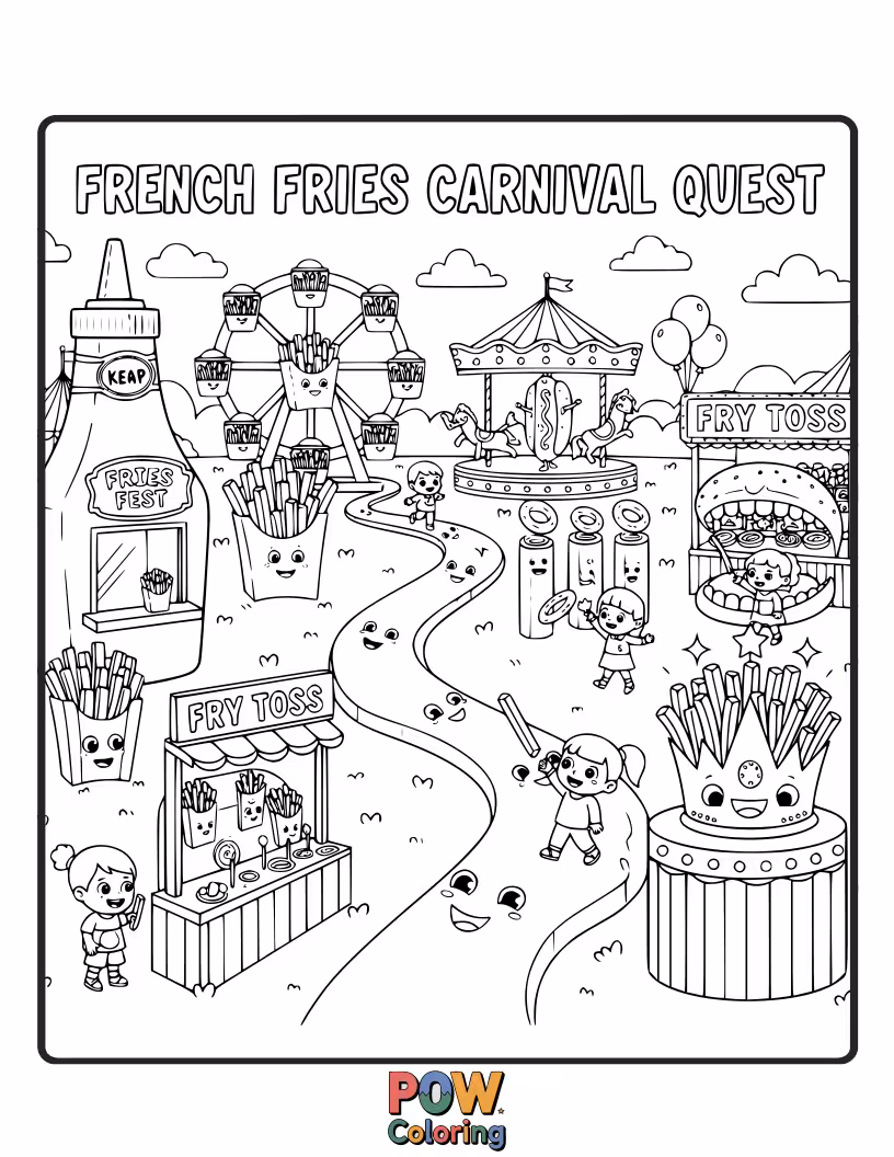 Free coloring page of Excited french fries enjoying a vibrant carnival, with Ferris wheels and game stalls. A celebration of fun and color!