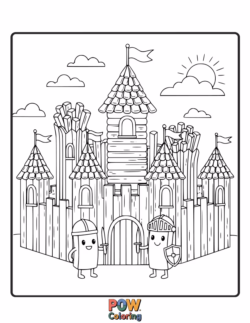 Free coloring page of Brave french fries guarding a magnificent castle, ready to defend their colorful kingdom. Protect your masterpiece!
