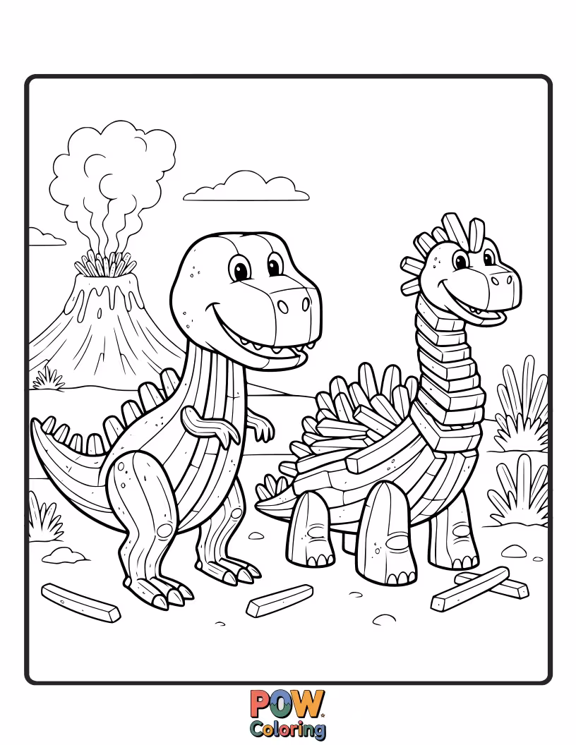 Free coloring page of Adorable french fries riding on the backs of friendly, cartoon dinosaurs. A prehistoric party waiting for your colors!