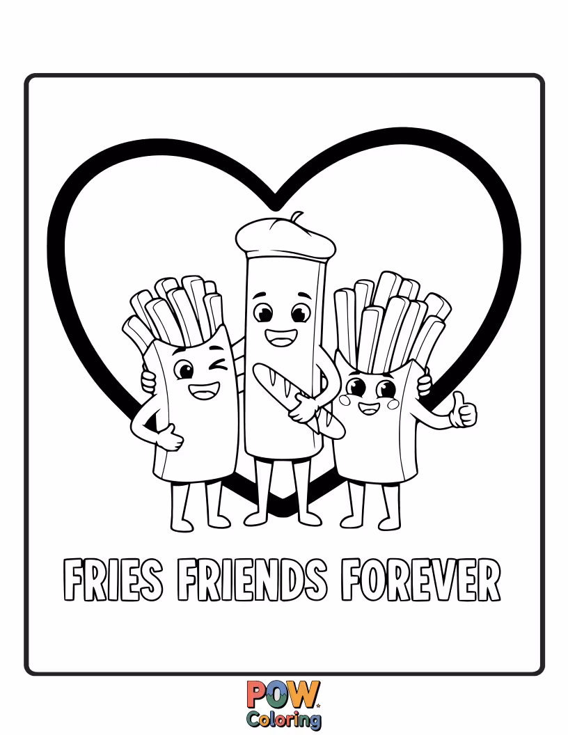 Free coloring page of A group of happy french fries holding hands, ready to share a fun coloring adventure together. Perfect for little artists!