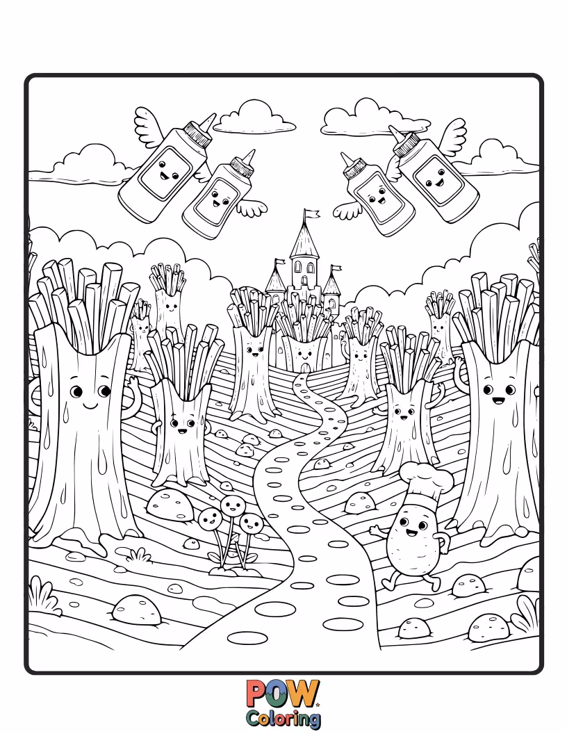 Free coloring page of Enchanting french fries wandering through a mystical forest filled with glowing mushrooms and friendly sprites. Discover nature's vibrant secrets.