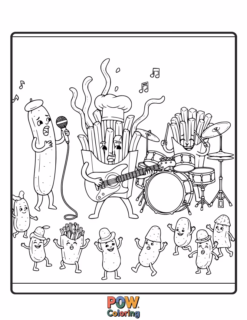 Free coloring page of Cool french fries playing musical instruments, grooving to a funky beat. Let the colors play a sweet melody!