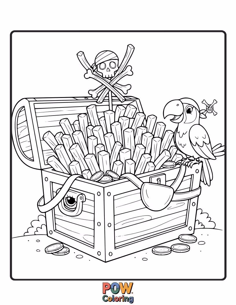 Free coloring page of A french fry pirate captain discovering a chest full of golden french fries. Chart your course to treasure!