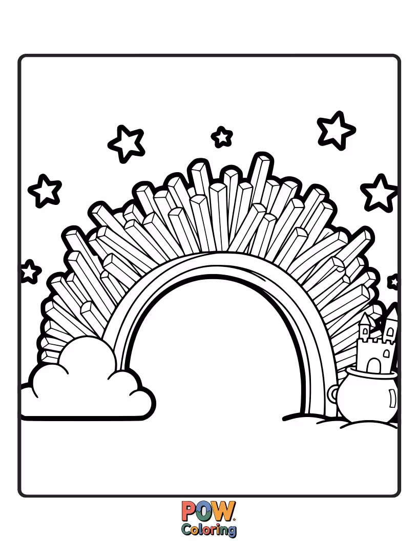 Free coloring page of A string of french fries creating a vibrant rainbow, inviting children to color a world of color and joy.